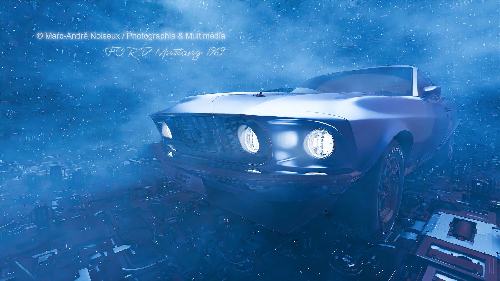 Voiture Mustang en montage science-fiction - Zéro IA dans le processus de création